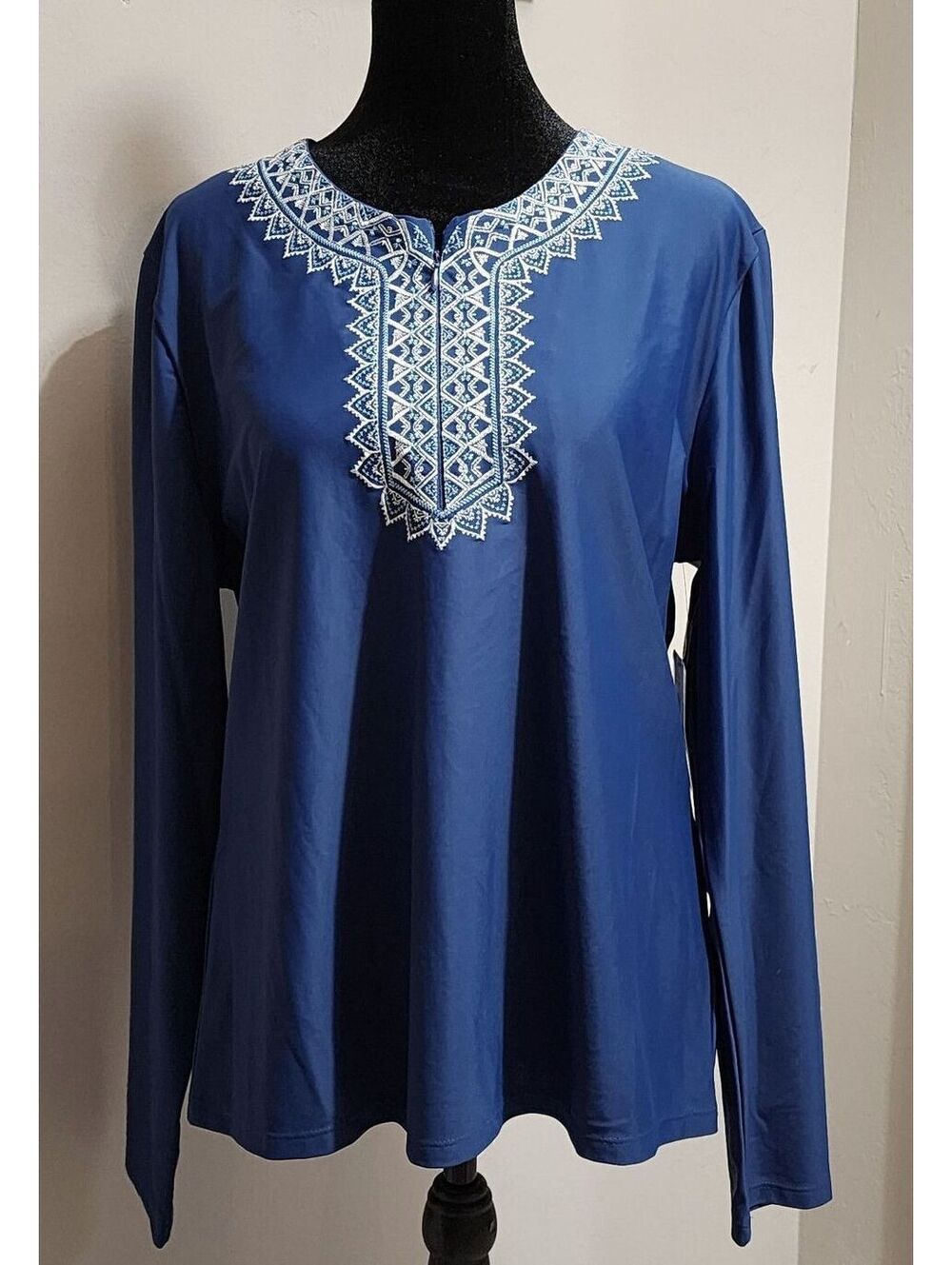 Cabana Life XL Blue Long Sleeve Top with White Embroidered Neckline